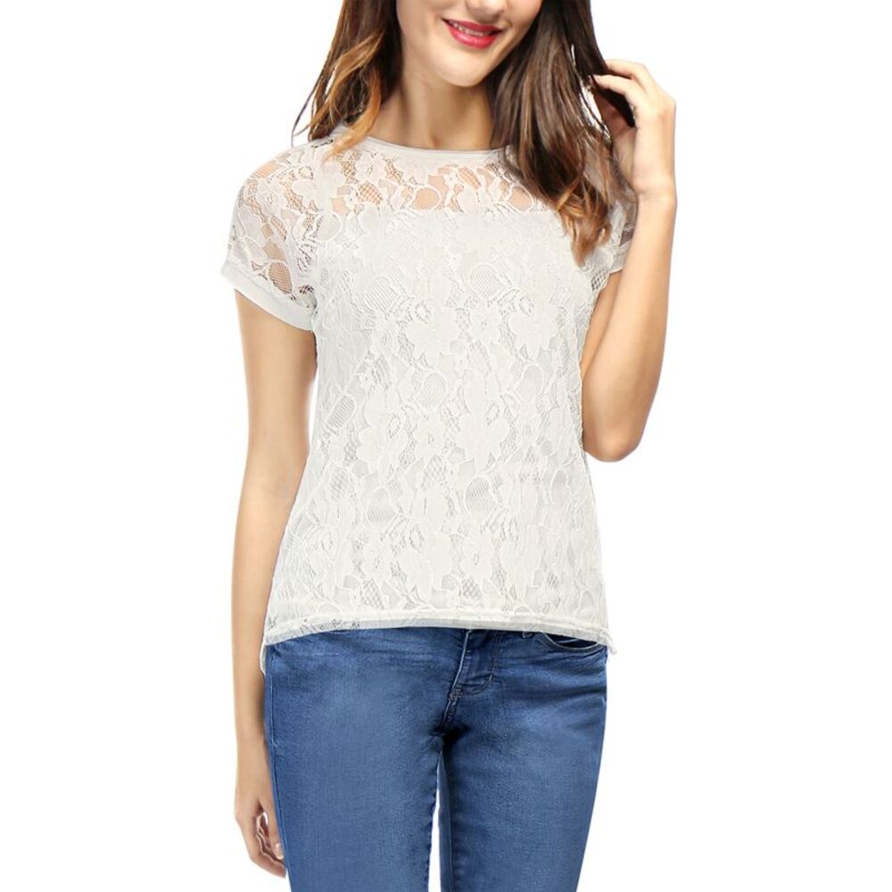Women's Lace Floral Curved Hem Short Sleeves See Through Top White